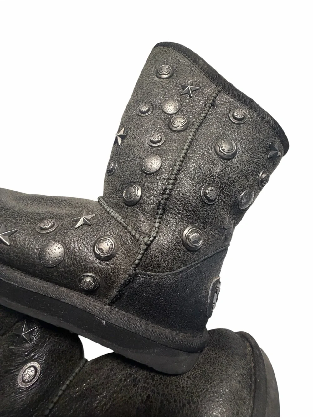 Australia Luxe Angel Studded Metallic Grey Sheepskin Fur Boots Womens 11